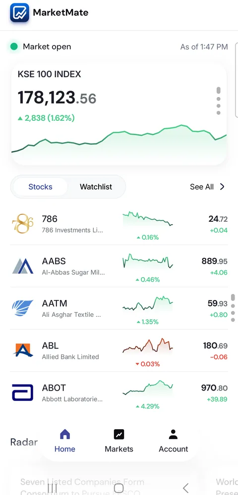 The MarketMate home screen during trading hours, the market-open lamp lit above the KSE 100 index card and a list of companies, each with its price and trend line.