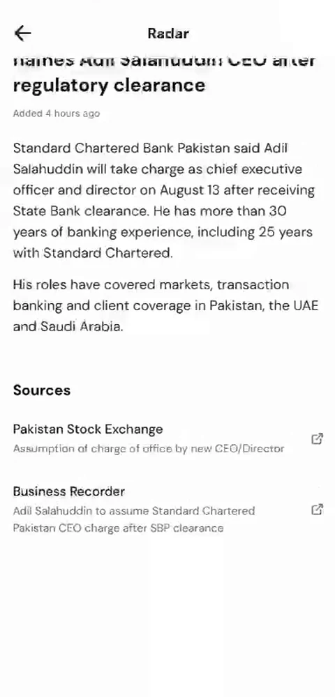 A Radar story open in the app, with its summary and the outlets it came from listed underneath.