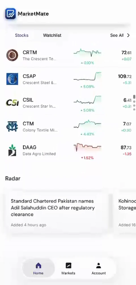 The home screen with the watchlist selected, showing the starred companies above the Radar row.